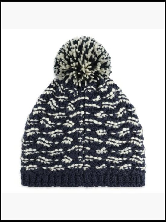 Chevron Herringbone Pom Beanie with Faux Fur Pom Fully Lined